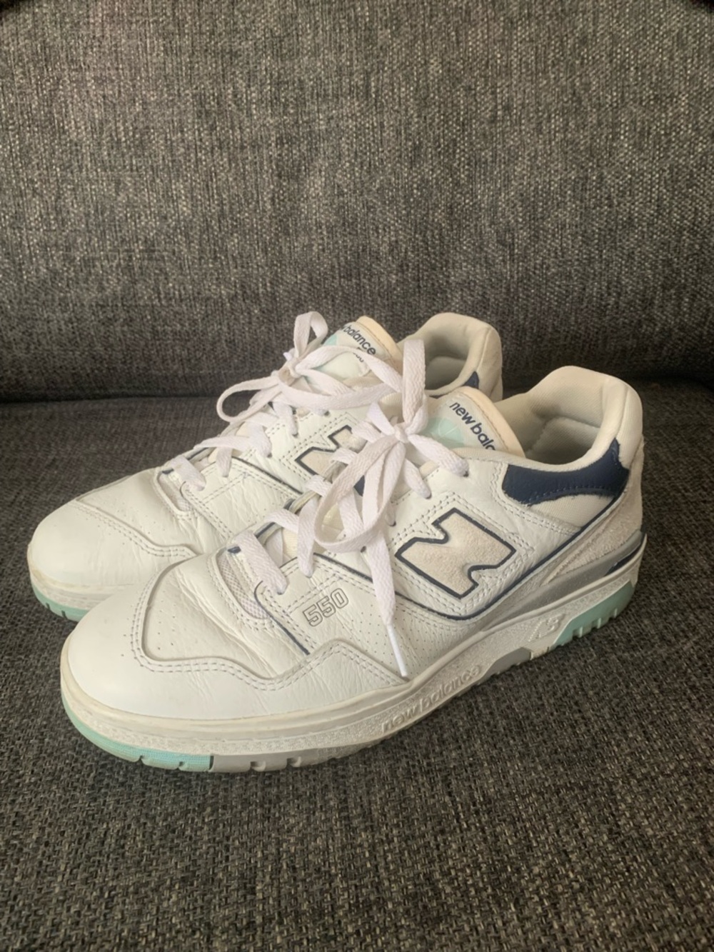 New Balance White Sneakers with Navy and Mint Accents